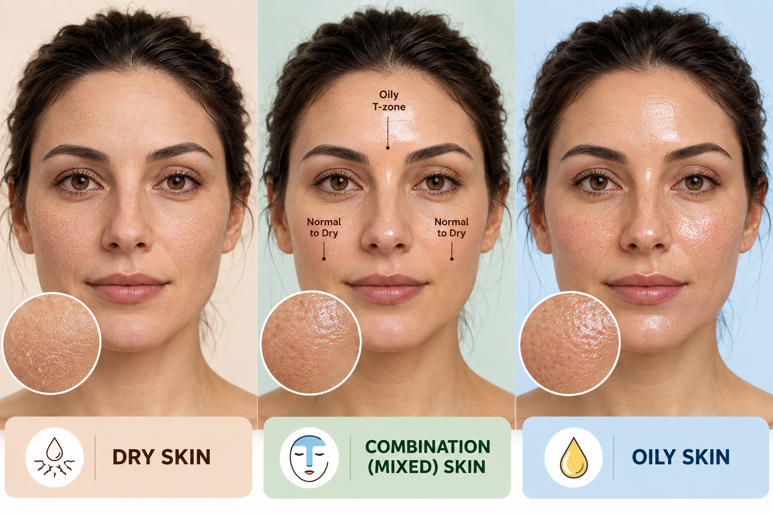 Comparison of dry, combination and oily skin types on three faces