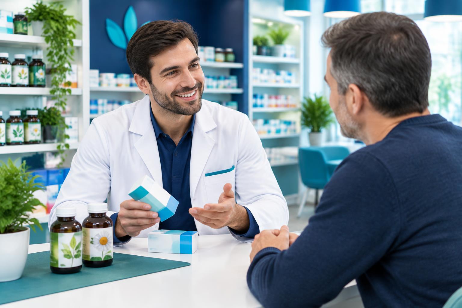 A male health advisor explaining medicines and natural ingredients