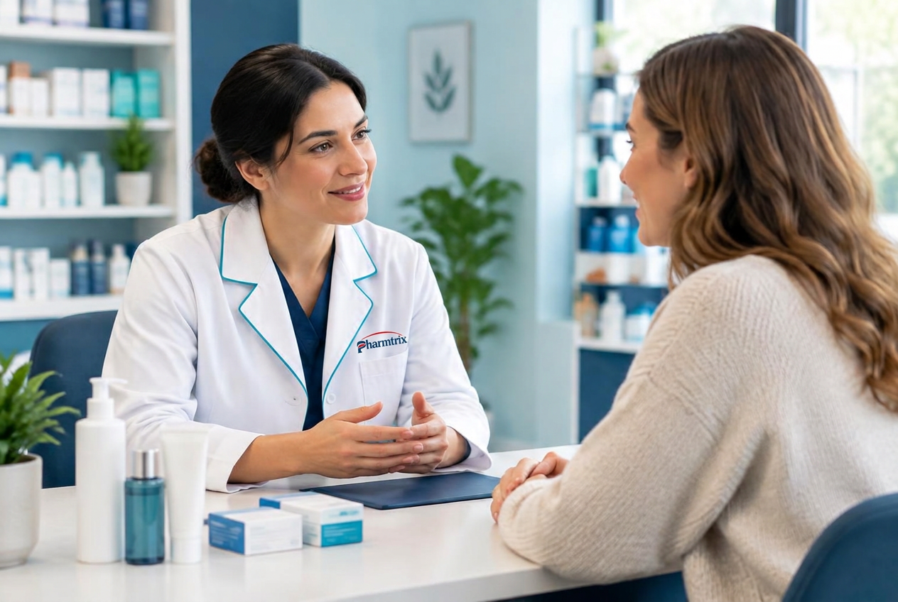 A Pharmtrix pharmacist having a friendly consultation with a woman
